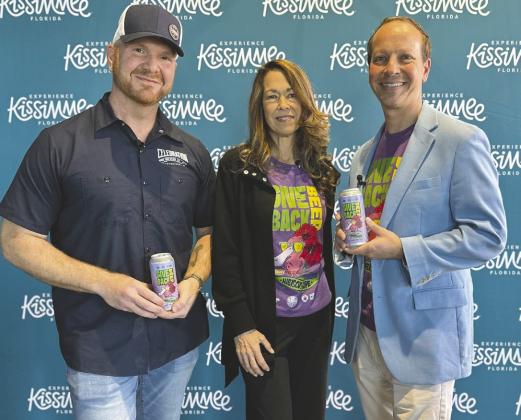 Pictured from left: Celebration Brewing Co-owner Frank Lozito, Help Now of Osceola Executive Director Tammy Douglass and Experience Kissimmee Chief of Destination Stewardship Jason Holic. (Photo/Jennifer Chalifoux)