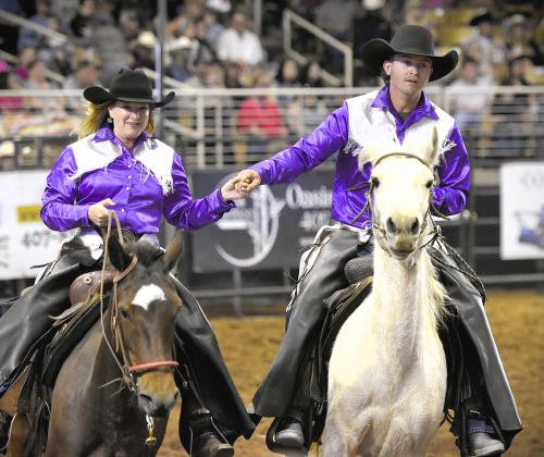 Out for a Sunday ride: Silver Spurs Rodeo Big Boss Kaye Whaley performs in the riding club’s Quadrille Sunday. (Photo/Katie Williams)