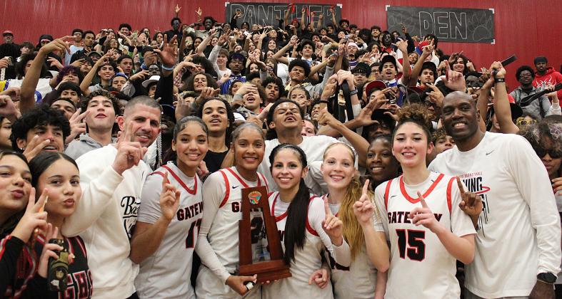 Gateway celebrates its second regional girls basketball championship with its loud student section crowd after Friday's 61-51 win over New Smyrna Beach. (Photo/Ken Jackson)