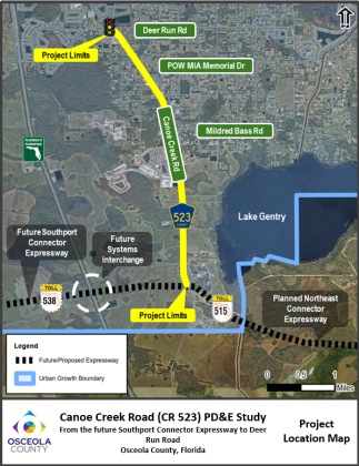 Project personnel will discuss the planned four-lane widening of Canoe Creek Road from the future Southport Connector Expressway to Deer Run Road at a virtual meeting on April 29 and in-person meeting on April 30. (Graphic/One Osceola)