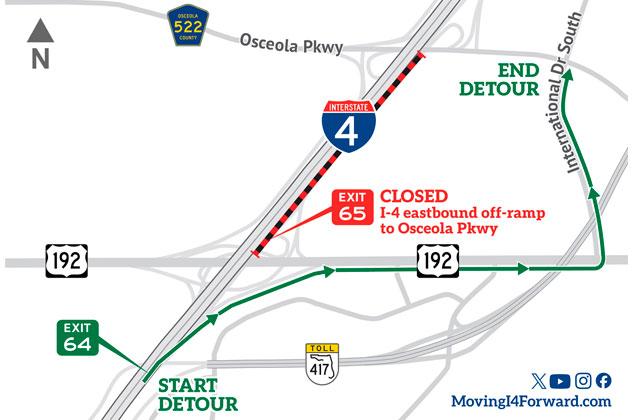 The I-4 East ramp closure to Osceola Parkway is one of a number of detours drivers will need to know as FDOT puts its "Moving I-4 Forward" expansion plans into construction mode. (Graphic/FDOT)