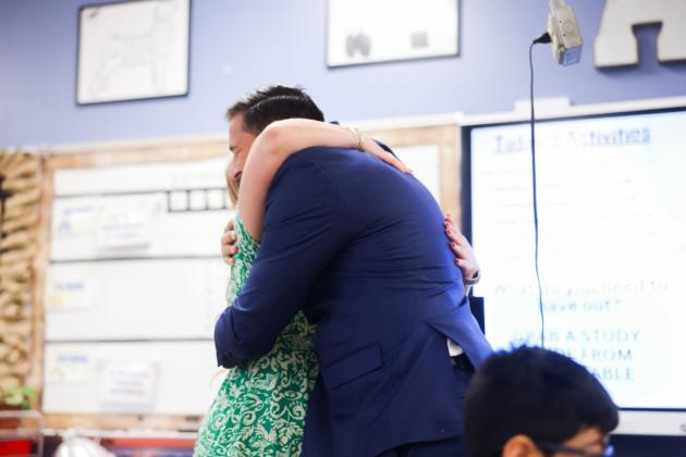 Commissioner Anastasios Kamoutsas congratulating Kyndall Brown, one of five finalists for the 2027 Florida Teacher of the Year.  (Photo/Florida Department of Education)