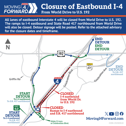 Interstate 4 westbound will fully close overnight on June 21-22, 25 and 29 for road construction; here's the detour. (Graphic/FDOT)