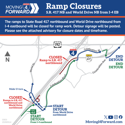 Traveling through Celebration to get to State Road 417 north from I-4 East will be one of the detours required in June as part of the  Moving I-4 Forward Program. (Graphic/FDOT)