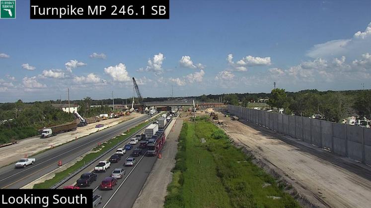 Southbound traffic on Florida's Turnpike south of State Road 417 is snarled as the lanes are closed near the Clay Whaley interchange as FHP investigates a deadly crash. (Photo/FDOT 511)