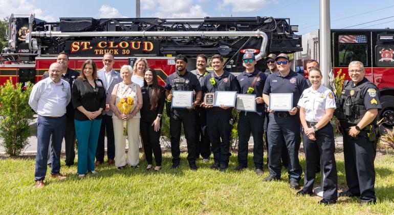 HCA Florida Osceola Hospital honored members of St. Cloud Fire Rescue, the St. Cloud Police Department and City of St. Cloud dispatch for their work who helped resident Donna Allred survive a recent cardiac episode. (Photo/Taylor McFee)