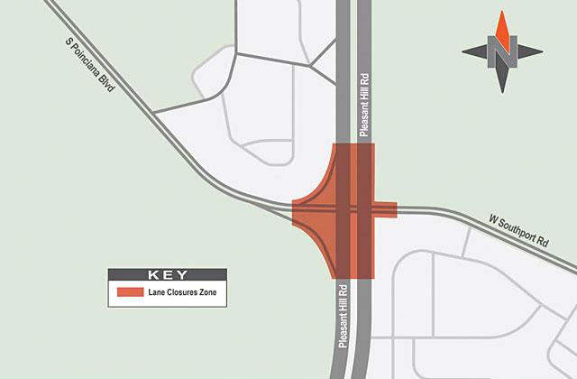 There will be intermittent nighttime lane closures on northbound and southbound Pleasant Hill Road and West Southport Road at Poinciana Boulevard from through Tuesday, June 9 as crews will be milling, paving and installing signage.