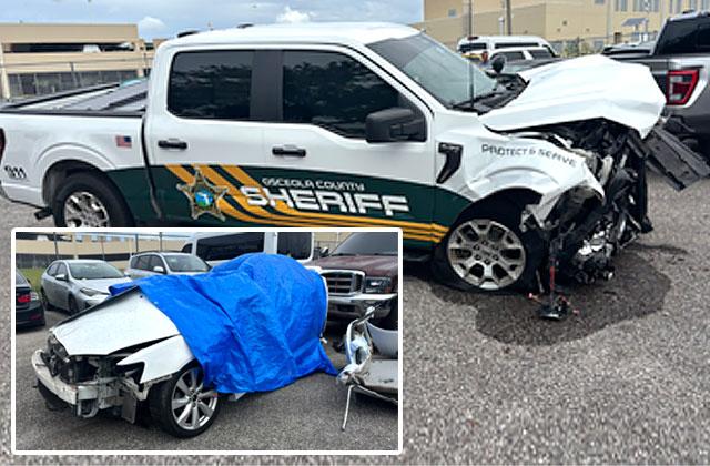 Police say that a Mitsubishi Lancer that was rammed by the ex-boyfriend of its passenger in another vehicle crashed into an Osceola County Sheriff's pickup truck that was responding to the victim's 911 call. (Photos/Osceola County Sheriff's Office)