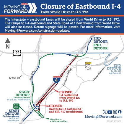 The Florida Department of Transportation (FDOT) is scheduled to close eastbound Interstate 4 from World Drive to U.S. 192  overnight Sunday into Monday. (Graphic/FDOT)