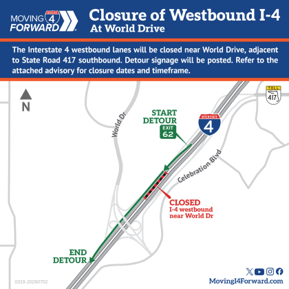 The main westbound lanes of I-4 will close after midnight July 14-16 as part of the Moving I-4 Forward program, but there is an easy workaround. (Graphic/FDOT)