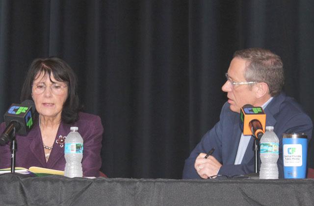 Osceola County Supervisor of Elections Mary Jane Arrington speaks with Central Florida Public Media Steve Mort at Tuesday’s roundtable of area election supervisors. (Photo/Ken Jackson)