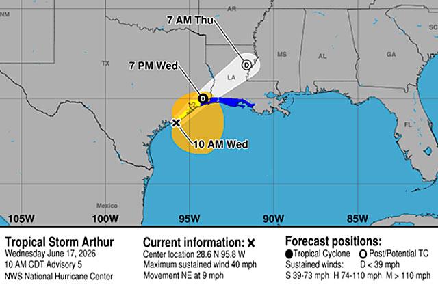 Short-lived Tropical Storm Arthur formed east of Texas on June 17 and brought rain to Texas and Louisiana the next day. (Graphic/NHC)