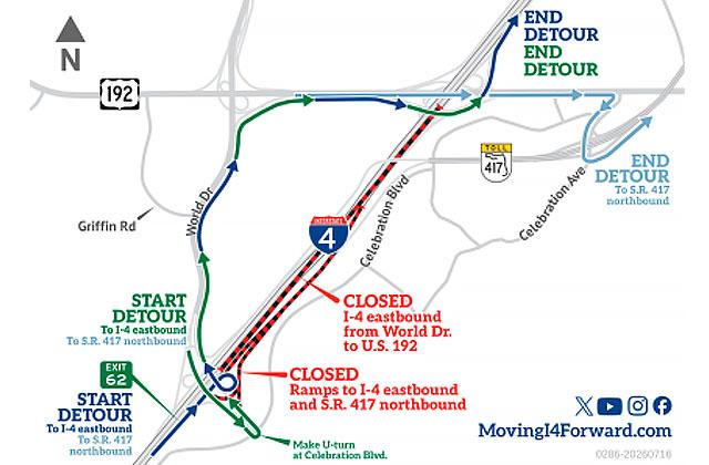 The Florida Department of Transportation (FDOT) is scheduled to close eastbound Interstate 4 from World Drive to U.S. 192  overnight Sunday into Monday. (Graphic/FDOT)