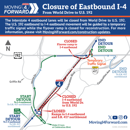 I-4 East traffic will have to detour overnight this week onto World Drive and to 192 to get back on I-4 East. (Graphic/FDOT)