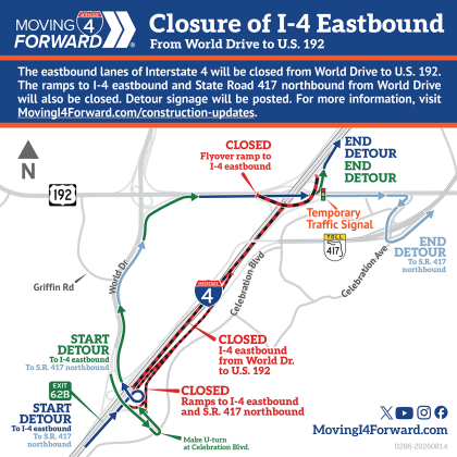 This is how I-4 East traffic will detour around a closure Sunday night. (Graphic/FDOT)