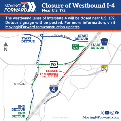 I-4 West traffic will have to detour overnight this week onto Osceola Parkway or U.S. 192 and to World Drive to get back on I-4 West. (Graphic/FDOT)