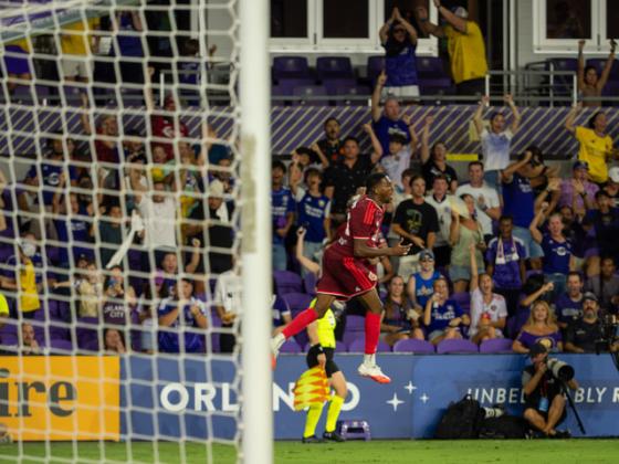 Tyrese Spicer celebrates his goal. OCSC tied FC Cincinnati 1-1 Saturday. (Photo/Mario Casamalhuapa)