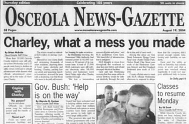The front page of the Aug. 19, 2004 Osceola News-Gazette in the wake of Hurricane Charley (UF Archives)