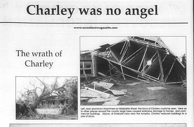 A photo page inside the Aug. 19, 2004 Osceola News-Gazette in the wake of Hurricane Charley (UF Archives)