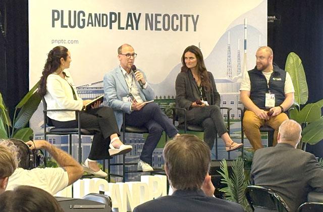 Clara de Ros of Plug and Pay Ventures, second from left, spoke about the success of re-shoring efforts to increase manufacturing of advanced computer chips in the U.S. and the European Union. (Photo/Terry Lloyd)
