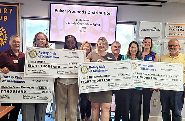 On Aug. 17, the club presented $8,000 checks to Help Now of Osceola, the county’s domestic violence advocacy and support group; Hope Partnership, which works to find everyone a safe place to call home; HOME, the county’s outfit helping individuals and families experiencing homelessness and housing insecurity, and the Osceola Council on Aging to help provide vital services and support to older adults in our community.