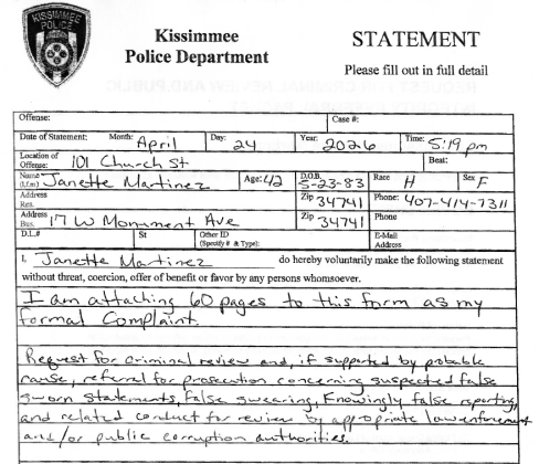 Martinez filed a police report on April 24 against Fetzer regarding some of the details that made up one of his ethics complaints against her in March.