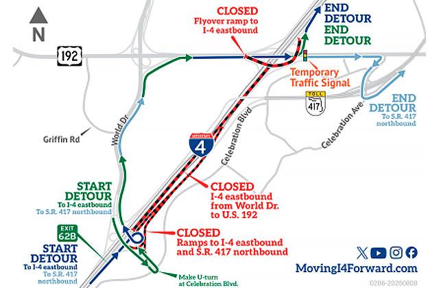 I-4 East traffic will have to detour overnight this week onto World Drive and to 192 to get back on I-4 East. (Graphic/FDOT)