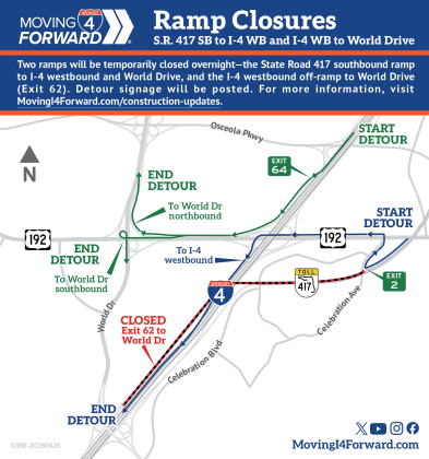 Road construction will affect access to State Road 417, World Drive and Interstate 4 this week due to ramp construction. (Graphic/FDOT)