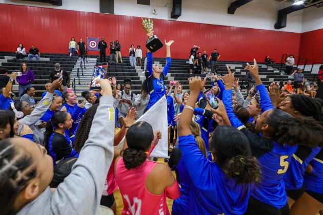 The Osceola Kowboys completed their fifth Orange Belt Conference volleyball championship — meaning Brooklyn Sippio (with trophy) completed a four-year career of consecutive wins — with a four-set victory over Gateway Thursday. (Photo/Taylor McFee)
