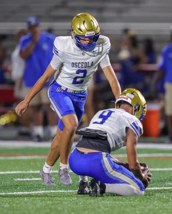 Osceola kicker Brayden Buehler, shown here in OHS's Sept. 4 win over Lake Mary, put the Kowboys on the board, and gave them a brief 3-0 lead, in Friday's game at Lake Wales. (Photo/Taylor McFee)