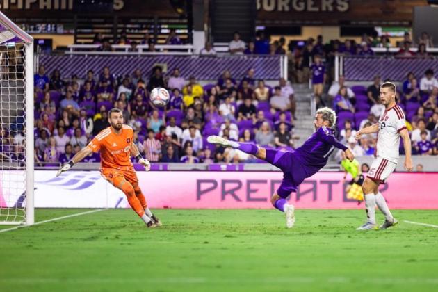 Antoine Griezmann scores a goal against Toronto FC. Photo by Mark Thor, OCSC Staff Photographer