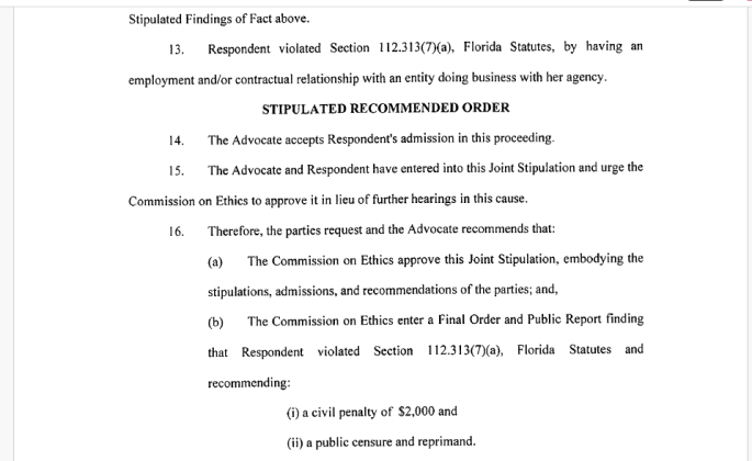 Released Wednesday, the Florida Commission on Ethics has suggested a civil fine of $2,000 and public censure and reprimand.