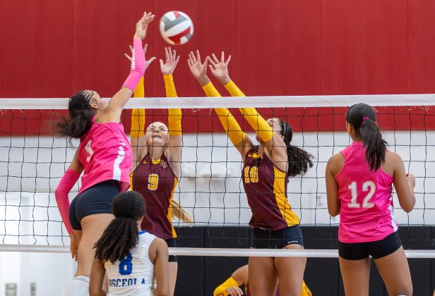 Osceola and St. Cloud, shown in last month's Orange Belt Conference tournament semifinals, are the No. 1 (in District 5A-6) and No. 2 (in (6A-7) seeds in this week's district volleyball tournaments. (Photo/Taylor McFee)