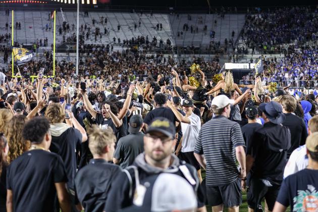 Nothing like a good 'ol fashioned field storming after UCF upset No.2 BYU. 39-31 in double overtime Saturday at Acrisure Bounce House. (Photo/Taylor McFee)