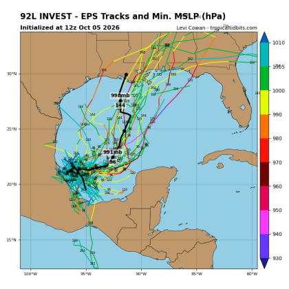 The initial GFS ensemble computer models on Invest 92L, which is percolating in the Bay of Campeche. (Graphic/Tropical Tidbits)