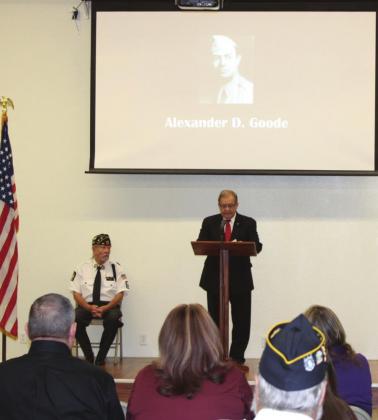 St. Cloud Mayor and Pastor Nathan Blackwell describes the life of Chaplain/Rabbi Alexander Goode at Saturday’s Four Chaplains Day service. PHOTO/TERRY LLOYD