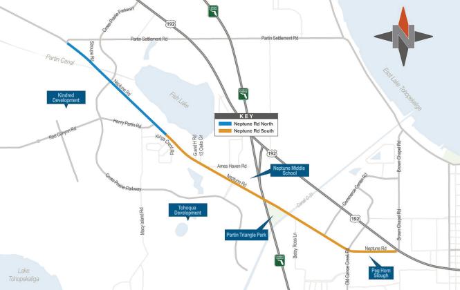 All improvements to Neptune Road are scheduled to be completed by Summer 2027, with the northern section reaching completion this year. (Graphic/Osceola County)
