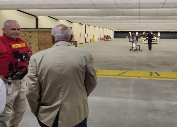 State Senator — and former New York City cop — Victor Torres looks on Tuesday as Kissimmee Police Department officers conduct training at the Public Safety Training Support Annex, which received $500,000 in state funding for upgrades. PHOTO/KEN JACKSON