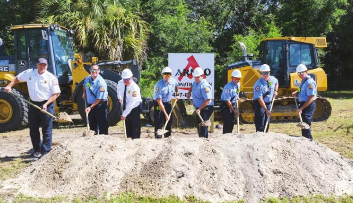 Right photo: Osceola County Fire/Rescue and EMS officials shovel ceremonial dirt at Thursday’s Station 45 groundbreaking.