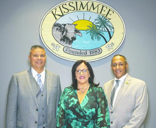 From left, Commissioner Noel Ortiz, Mayor Jackie Espinosa and incumbent Commissioner Carlos Alvarez were sworn in for their terms. PHOTOS/KEN JACKSON &amp; CITY OF KISSIMMEE