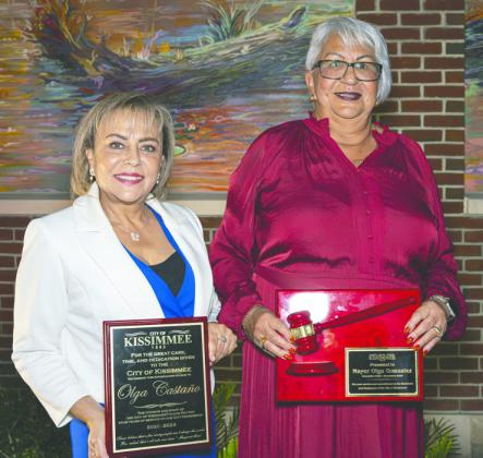 Outgoing Olga Castano and Olga Gonzalez received tokens of appreciation.  PHOTO/CITY OF KISSIMMEE