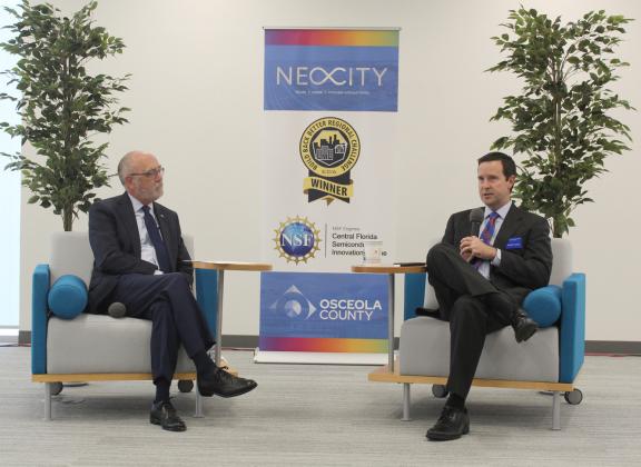 BRIDG Director Jay Galbriath (left) welcomed Florida Semiconductor Institute Director Dr. David Arnold at Tuesday’s event that included a Q&amp;amp;A session and ribbon-cutting of FSI’s NeoCity facility. PHOTO/KEN JACKSON