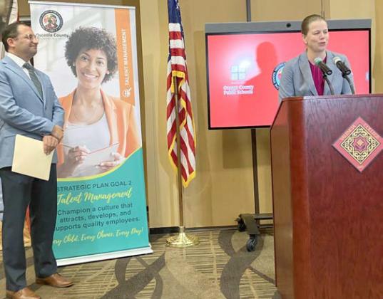 Osceola school Superintendent Dr. Mark Shanoff and Valencia College President Dr. Kathleen Plinske spoke last week about a Valencia teaching apprenticeship program that leaders hope get qualified educators into classrooms sooner to ease the area’s teacher shortage. PHOTO/DAVID CHIVERS