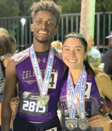 Celebration distance runners Jared Falchook and Catalina Edwards show off their medals for top-5 finishes at last weekend’s FHSAA Class 4A state track meet. PHOTO/CELEBRATION HIGH