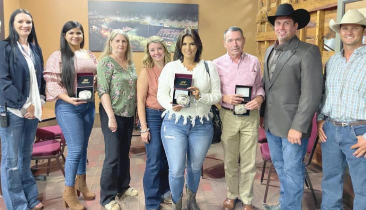 At the Silver Spurs Rodeo Appreciation dinner Sept. 30, Spurs sponsors of six and 10 years were given a token of appreciation. Bouchard Insurance, Boot Barn, Toho Water Authority and Clancy &amp;amp; Theys were awarded a personalized buckle, and Experience Kissimmee, Wolf’s Irrigation and Landscape and Kisselback Ford were awarded a set of silver spurs. PHOTOS/SILVER SPURS