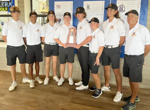 St. Cloud’s boy’s golf team celebrates a District 3A-9 title. Focus now is on Monday’s regional championship. SUBMITTED PHOTO