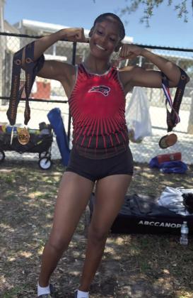 Gateway’s Aniyah Radcliff (in the lead) won three OBC track events and went to the state meet in the long and triple jumps. PHOTO/GATEWAY HIGH SCHOOL
