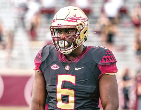 Florida State’s Dennis Briggs (6) and Virginia Tech’s Mario Kendricks (22) with both play key roles on their team’s defensive lines in 2021 (PHOTOS COURTESY FSU AND VIRGINIA TECH SPORTS INFORMATION)