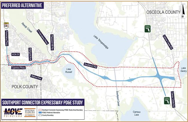 The Southport Connector is slated to eventually connect the south end of Poinciana Parkway to Florida’s Turnpike south of Southport Road. The western end of it is See Page 2 controversially planned for the middle of Cypress Parkway. (Graphic/CFX)