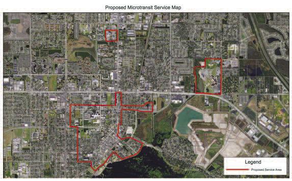 The city of Kissimmee shows the proposed service area for the new FreeBee service, including nearly all of downtown, AdventHealth (top) and Valencia College (right). An ordinance amendment could include North Kissimmee to give residents access to a grocery store. GRAPHIC/CITY OF KISSIMMEE